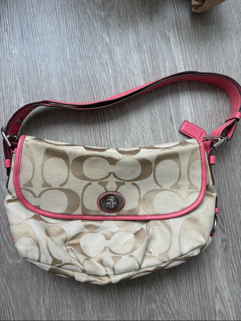 Coach Beige Signature Canvas Shoulder Bag with Pink Trim